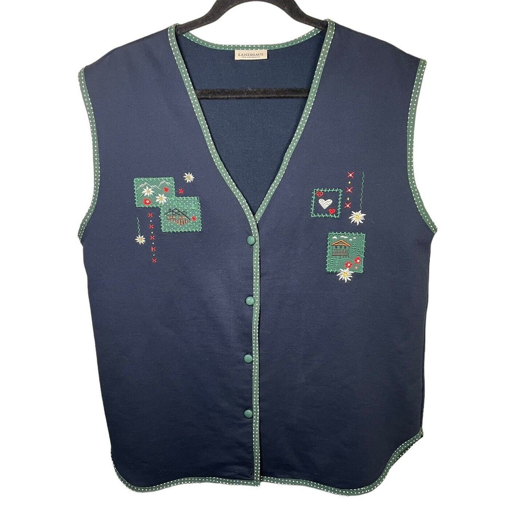 Landhaus Womens Vest Small‎ Navy Button Front Cottagecore Embroidered Applique
